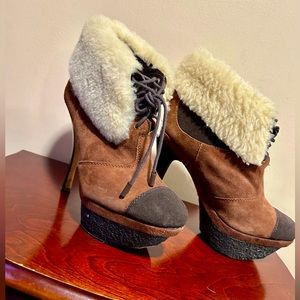 L.A.M.B. Brown and Cream Ankle Boots